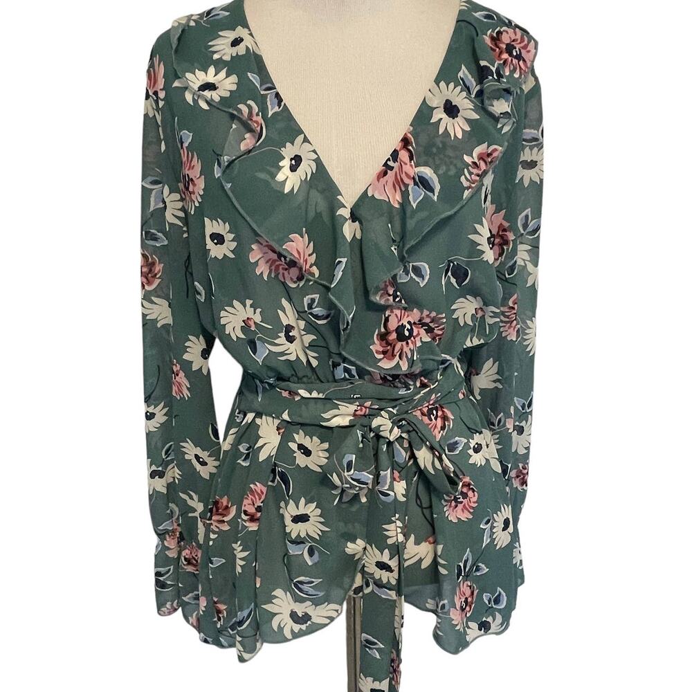 Suzanne Betro Green Floral Ruffled Wrap Blouse